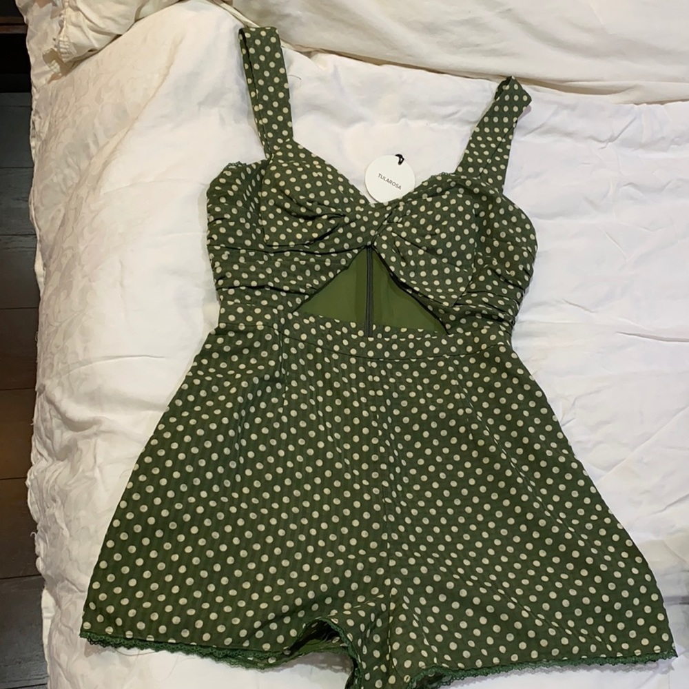 Tularosa lime green romper, new. White Polka dots